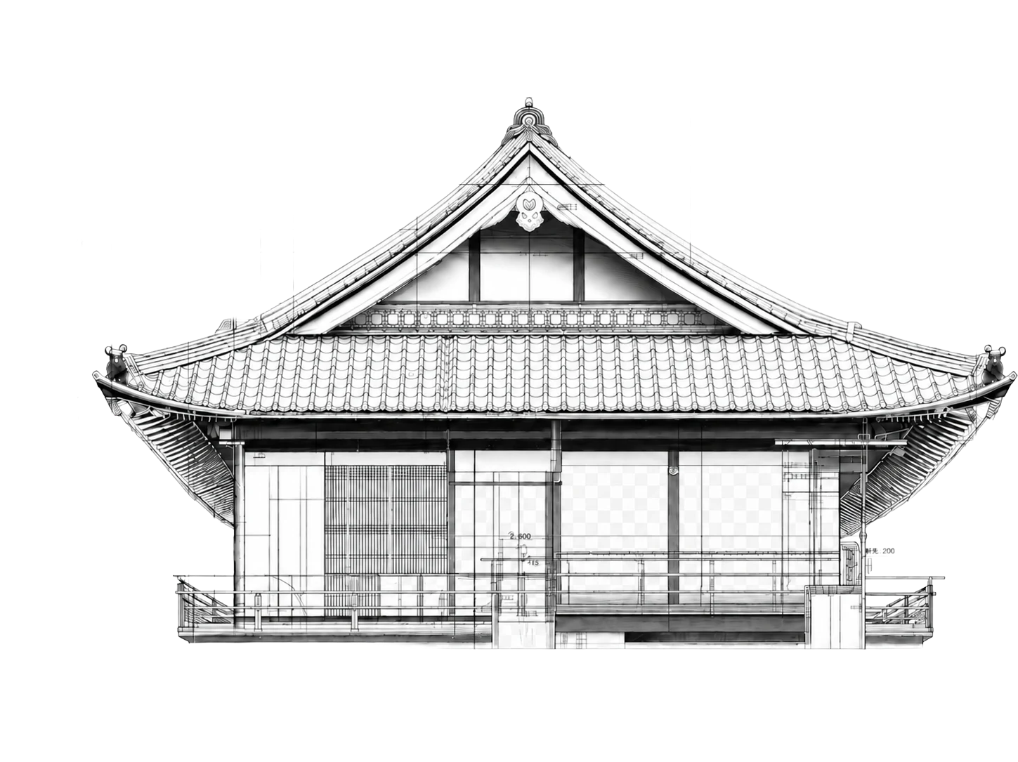 Monochrome architectural elevation of a traditional pavilion residence