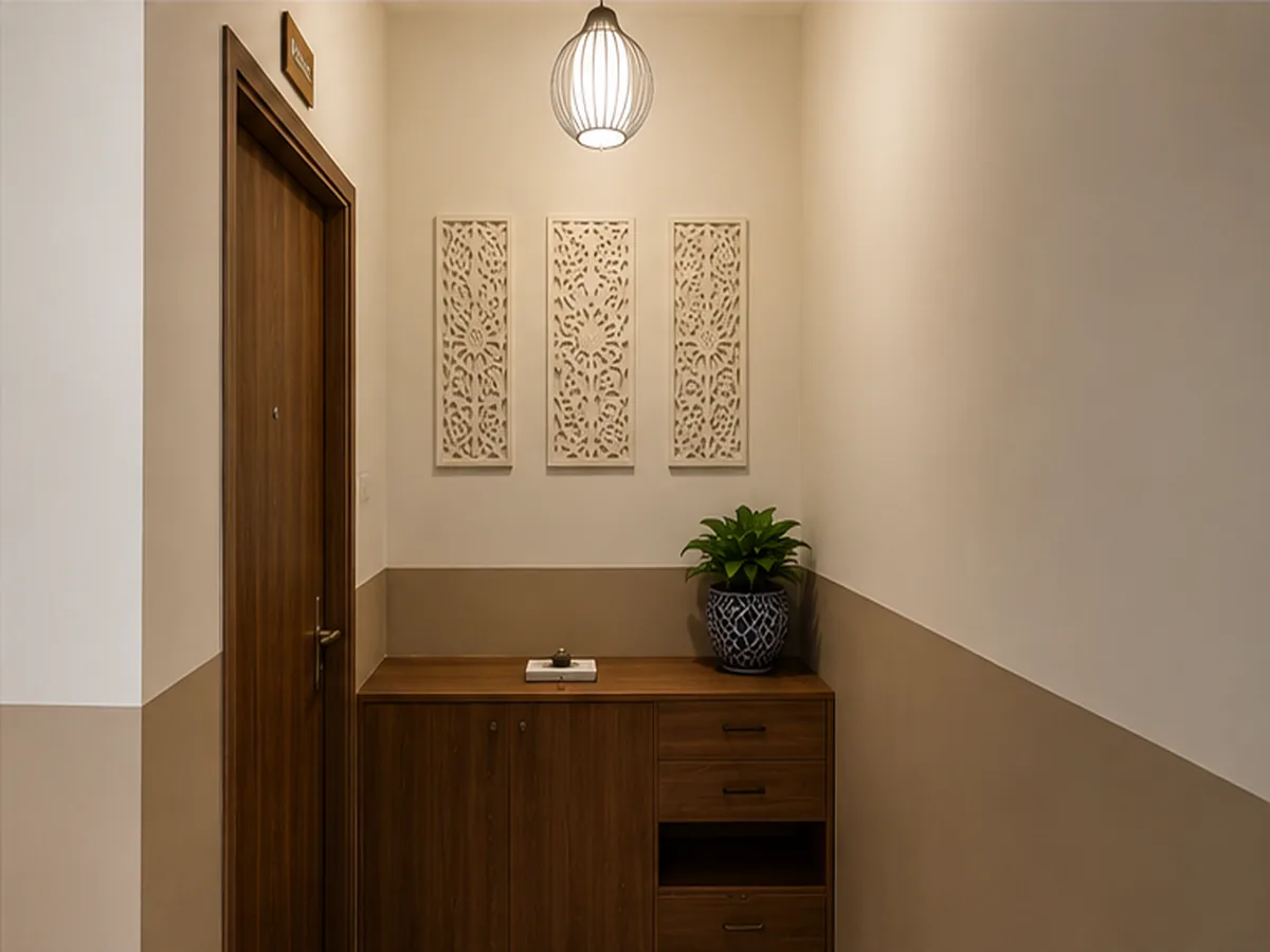 Entry console with carved jaali wall panelling