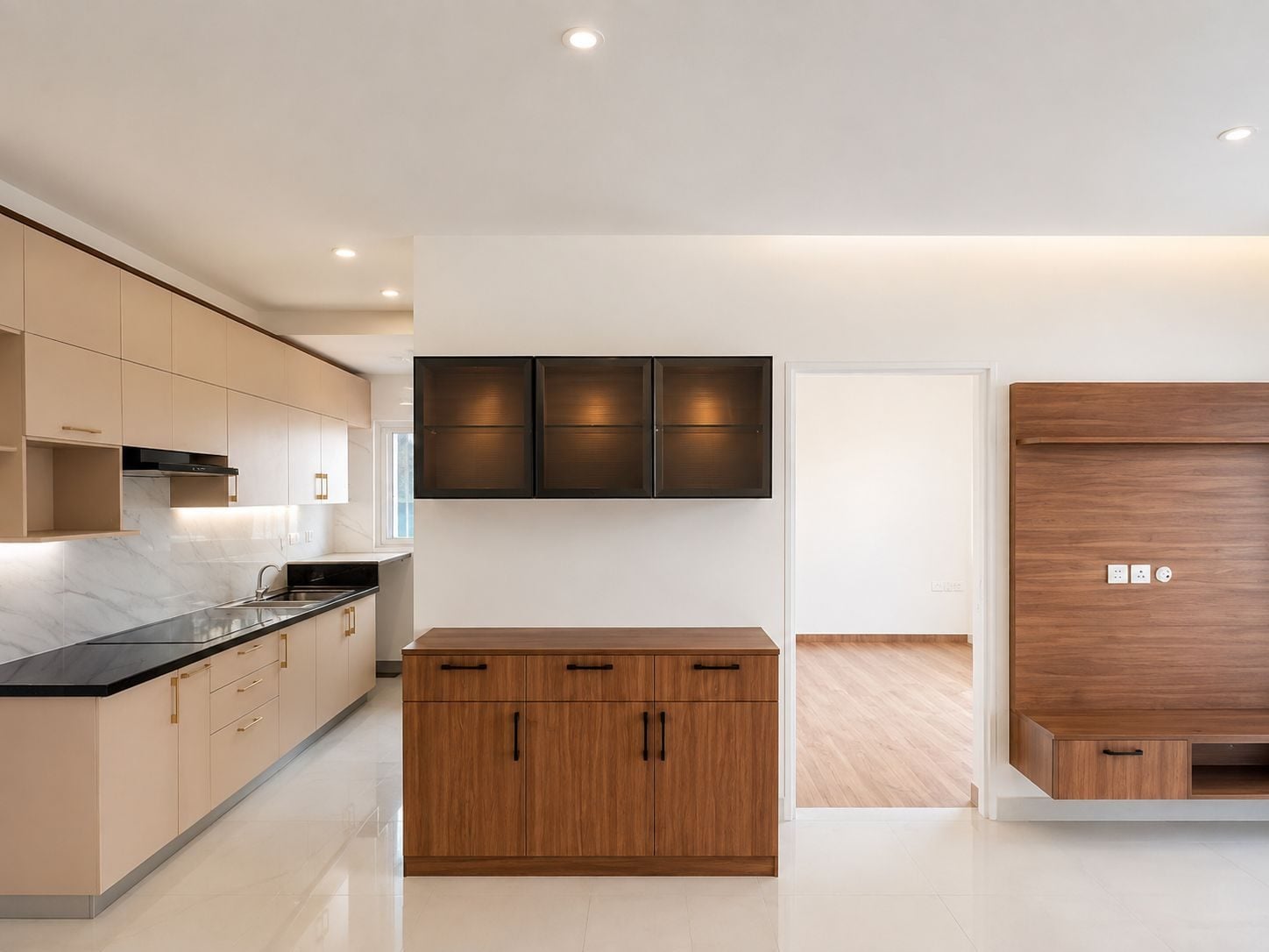 Kitchen with a walnut console and wood-panelled media wall