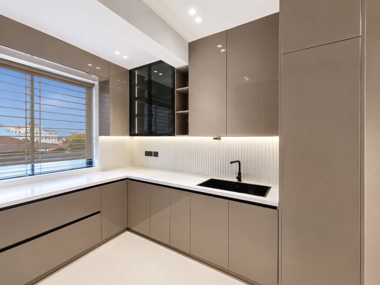 U-shaped kitchen with a marble countertop